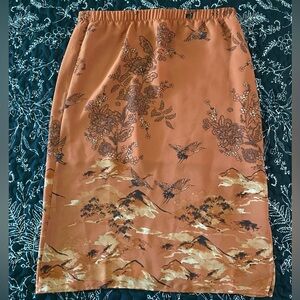 Pleione Tan Peach Floral and Bird Asian print Pencil Skirt